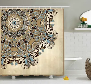 

Mandala Shower Curtain Ethnic Indian Flower Circle On Lace Ornaments Traditional Boho Design Fabric Bathroom Decor With Hooks