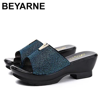 

BEYARNESummer platform slippers rhinestone soft surface thick heel shoes mother women genuine leather breathable sandals