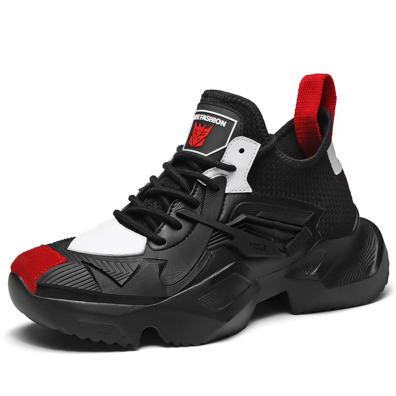 Bomlight/Мужская обувь на массивном каблуке; кожаная повседневная обувь для папы; модные Необычные амортизирующие уличные мужские кроссовки на платформе; Мужская обувь; теннисные туфли для взрослых - Цвет: Black Red-5