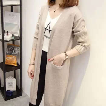 

Autumn Winter Knit Cardigan Women Vintage Solid Color Pocket Open Stitch Bat Sleeve Long Sweater Jumper Pull Femme