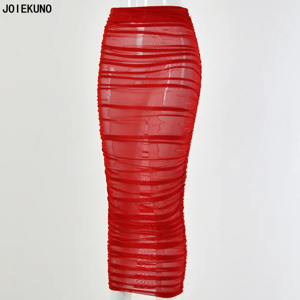 JOIEKNUO Твердые Уличная модная длинная юбка женские юбки mujer moda пикантные Modis сетки плиссированные Для женщин вечерние юбка FD8343
