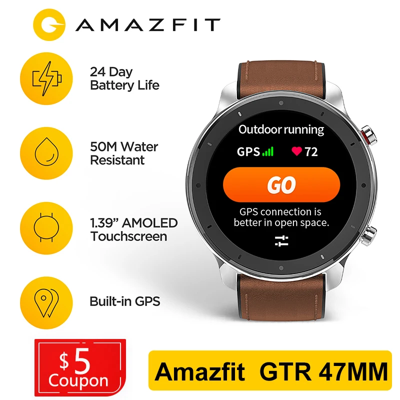 Умные часы Amazfit GTR 47 мм Huami GPS мужские водонепроницаемые умные 5ATM с аккумулятором