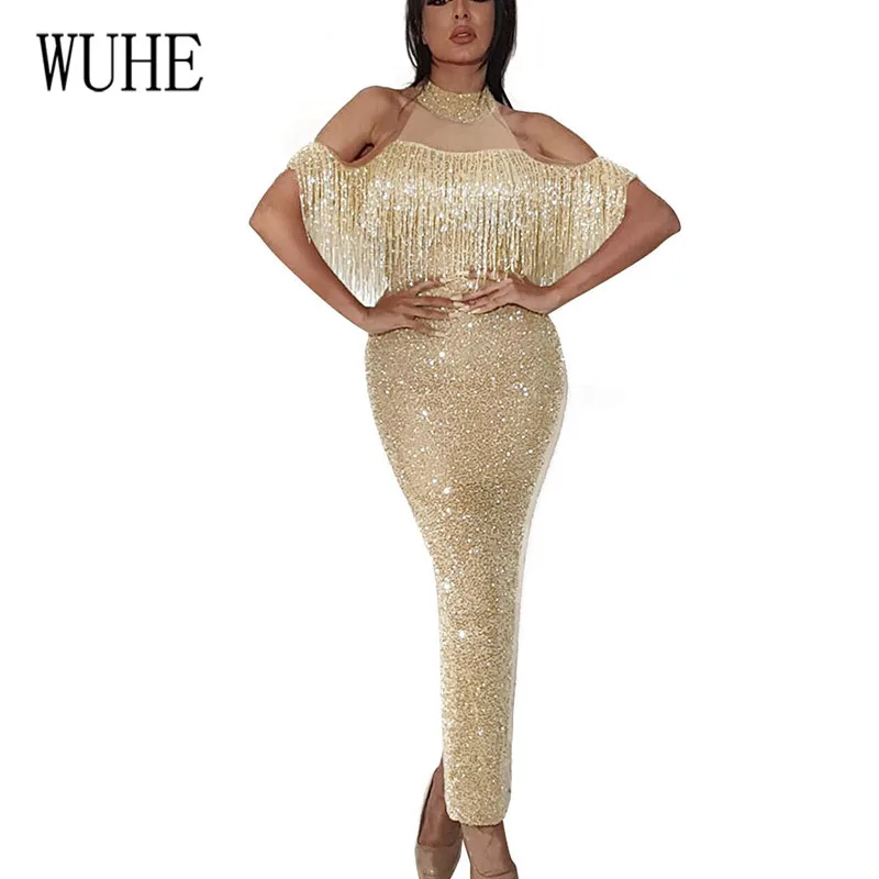 

WUHE Splicing Mesh Split Sequin Dress Sparkling Fringe Temperament Elegant Hanging Neck Strapless Party Dress Female Vestidos