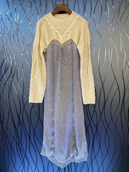 

2020 Early Autumn New Women's round Neck Color Matching Stitching Woven Long Sleeve Knitted Long Dress 823