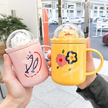 

Cartoon Cute Micro Landscape Animal Ceramic Mug with Lid Creative Breakfast Coffee Cup Large Capacity Birthday Gift Mug for Girl