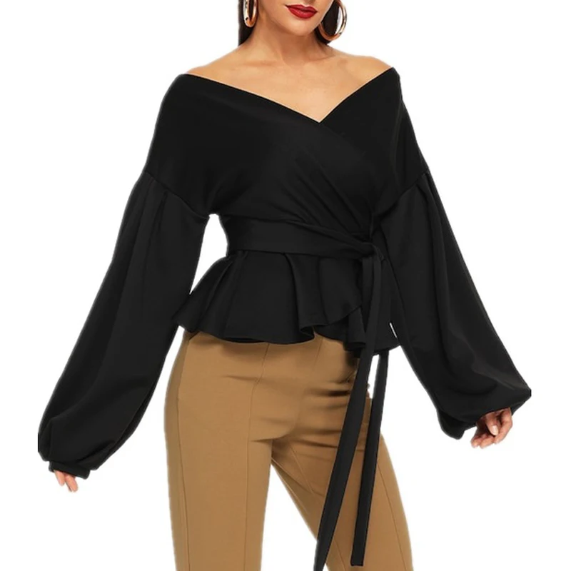 Women Loose Wrap Front Blouse Sexy Off Shoulder Deep V-neck Long Lantern Sleeve Top Solid Color Casual ShirtAM0833 poet shirt Blouses & Shirts