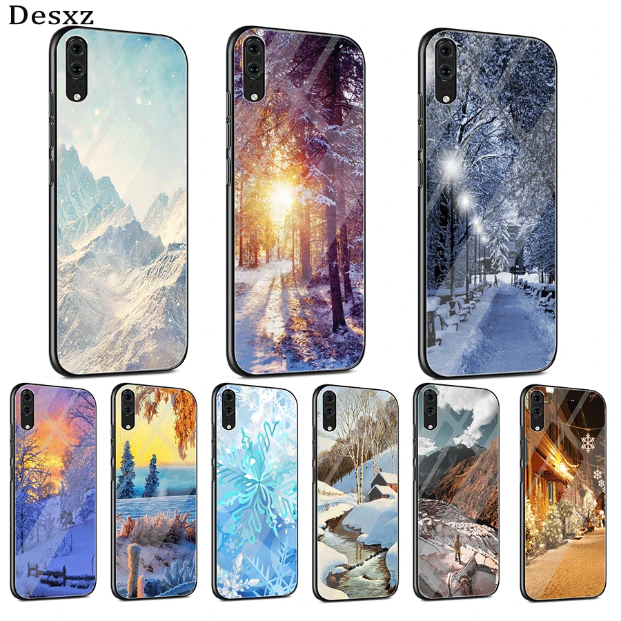 Glass Phone Case For Huawei Honor 8X 7A 9 10 P10 P20 P30 Mate Lite Pro P Smsrt Y6 Y9 cover winter snow Snowflake | Мобильные