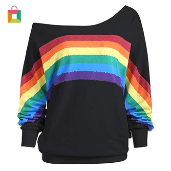 

Women's Long Sleeve Rainbow Print Pullover Casual Loose Autumn Tops Off Shoulder Shirt Street Clothing Women Glittery