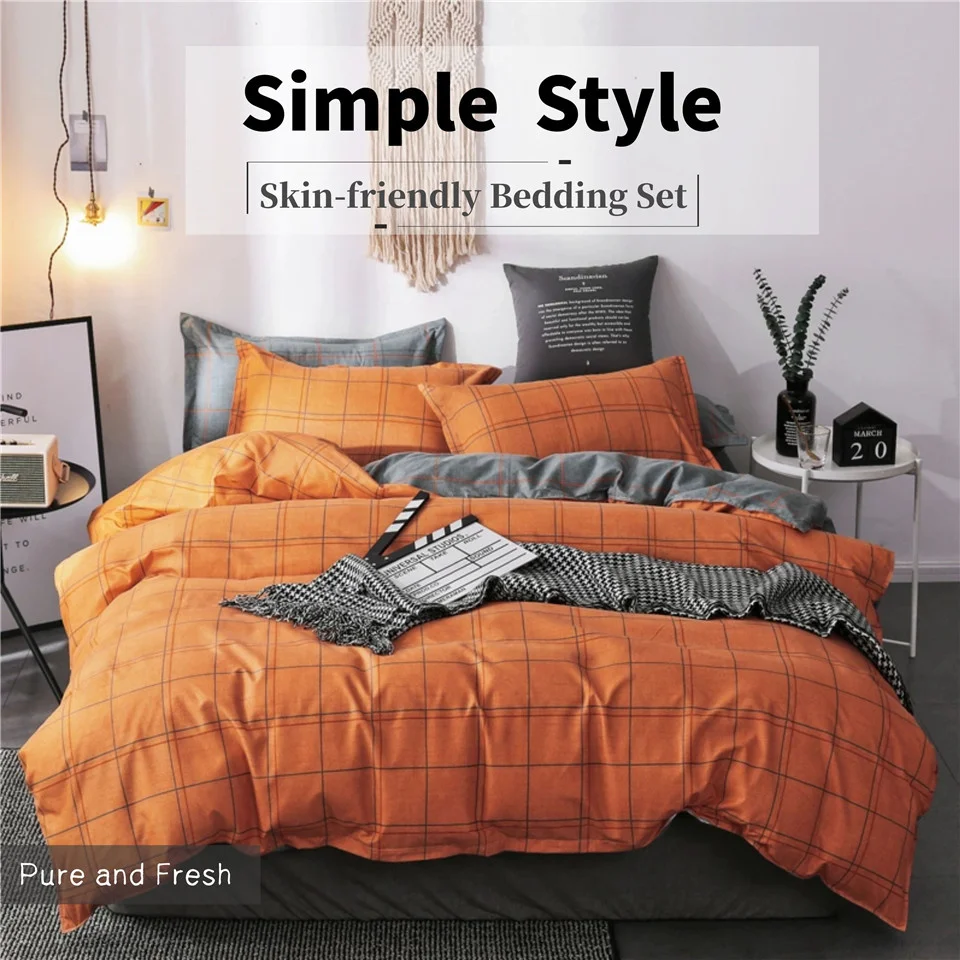 Orange Bed Set Plaid Strip Nordic Bed Cover Duvet Cover Bed Sheets Man Bedding Sets Autumn Winter B