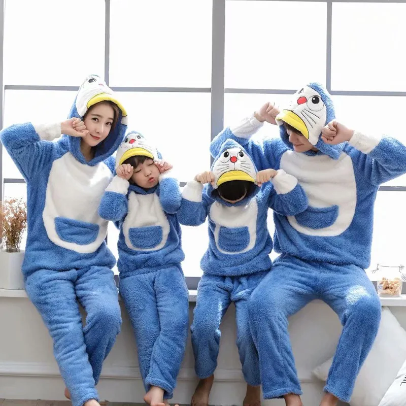 Зимний Пижамный комплект для родителей и детей; Детские фланелевые пижамы; утепленная плюшевая толстовка с капюшоном и длинными рукавами с изображением панды; домашняя одежда для мужчин и женщин - Цвет: Dingdang