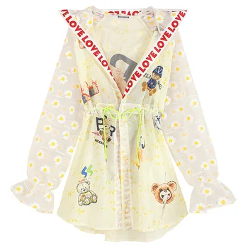 

Tide brand sunscreen jacket female summer gauze trumpet sleeve cartoon bear sunscreen clothing mid-length hooded cardigan jacket