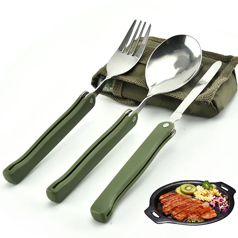 3PCS Portable Cutlery Set Outdoor Camping Picnic Stainless Steel Spoon Fork Knife Folding Tableware Set