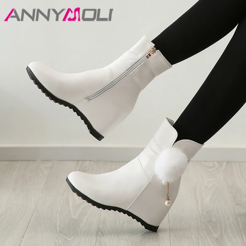 

ANNYMOLI Winter Ankle Boots Women Pearl Height Increasing High Heel Short Boots Zip Round Toe Shoes Female Autumn Big Size 33-43