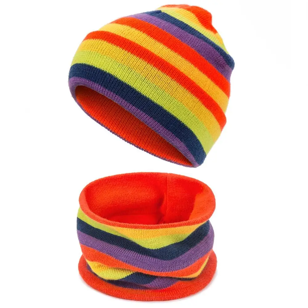 Новинка, зимняя хлопковая шапка, полосатая женская вязаная шапка Skullies Beanies, шапка конфетного цвета, розовая Зимняя шапка, шарф, набор для женщин и девушек, подарок - Цвет: orange