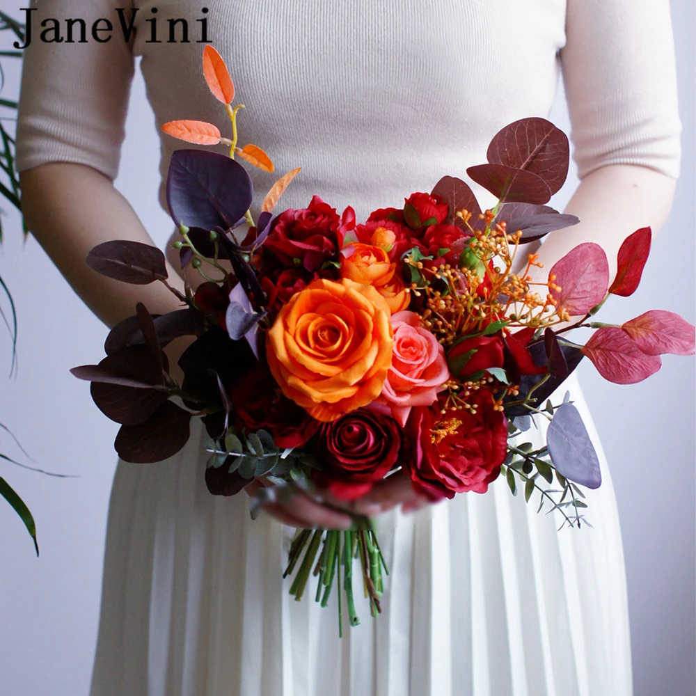 Janevini ヴィンテージの結婚式の花のブーケ 模造花 赤 オレンジのバラ 花嫁のための Aliexpress Weddings Events