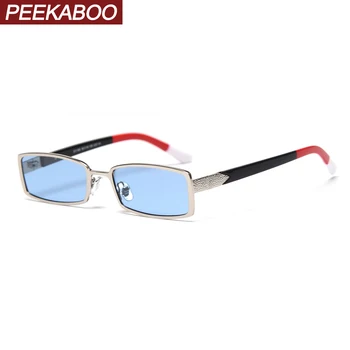 

Peekaboo retro narrow sunglasses men rectangular metal frame blue silver summer polarized sun glasses male female 2020 uv400