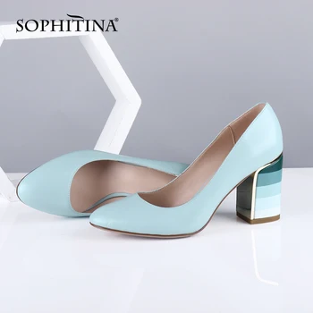

SOPHITINA New Genuine Leather Pumps Women's Autumn Slip-On Round Toe Square Heel Dress Shoes Handmade Elegant Shallow Pumps W10