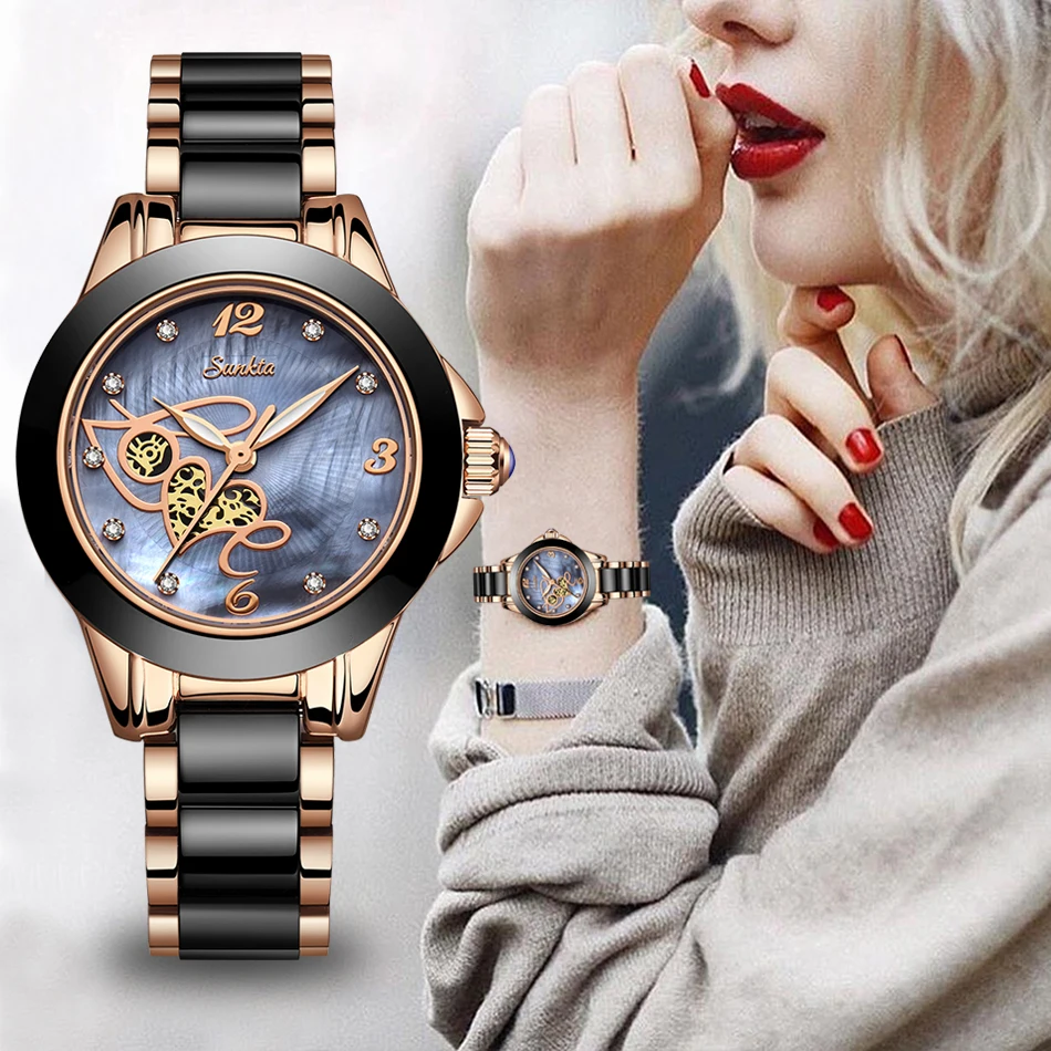 

SUNKTA Women Luxury Brand Ceramic Watch Simple Quartz Lady Waterproof Wristwatch Female Fashion Casual Watches Clock reloj mujer