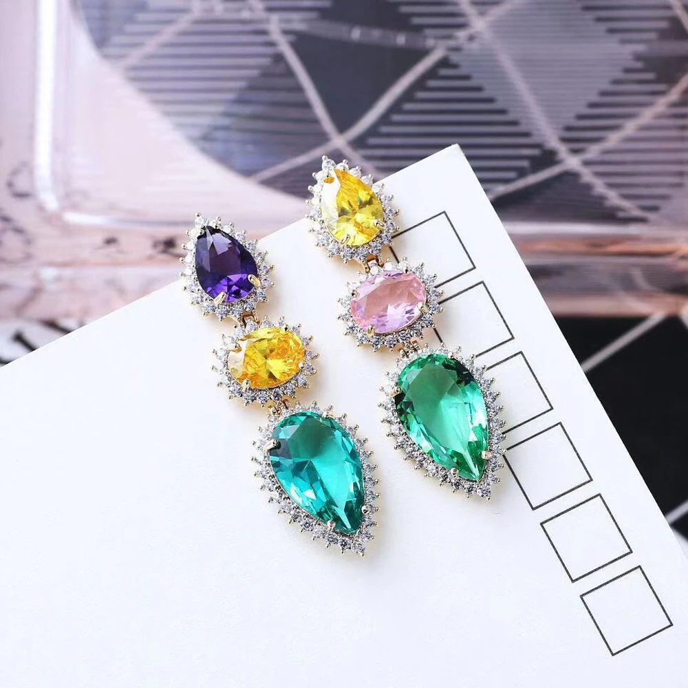 HIBRIDE Water Shape Colorful AAA Cubic Zirconia Stone Round Drop Earrings for Women Luxury CZ Party Event Jewelry E-520