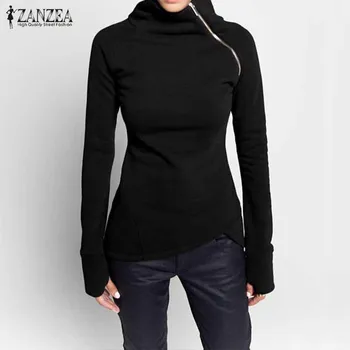 

New Women Casual Solid Long Sleeve Pullovers Hoodies Turtleneck Slim Fit Zippers 2020 Autumn Sweatshirts Plus Size