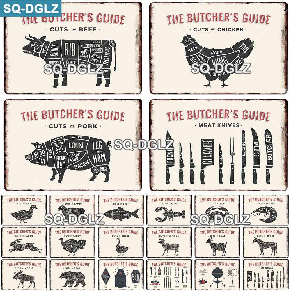 [SQ-DGLZ] Butcher's Guide Metal Sign Beef/Chicken/Pork Bar Wall Decor Tin Home Kids Painting Plaques Poultry Poster | Дом и сад