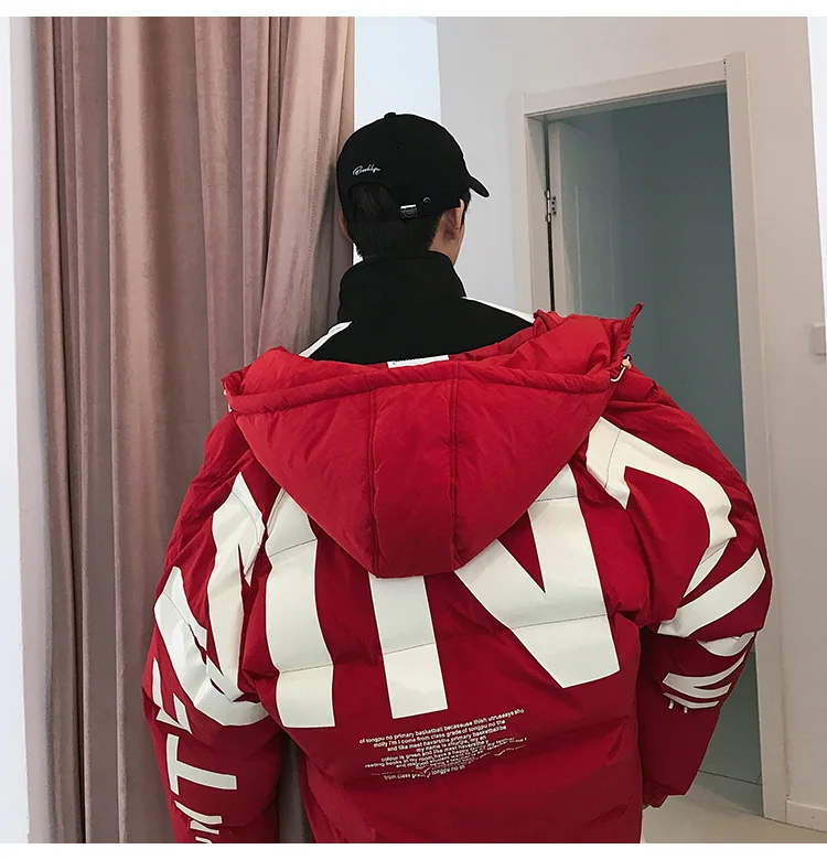 

2020 Thick Warm Men Winter Jacket Clothes Casual Loose Harajuku Mens Parkas Coats Hooded Print Red Male Windbreaker