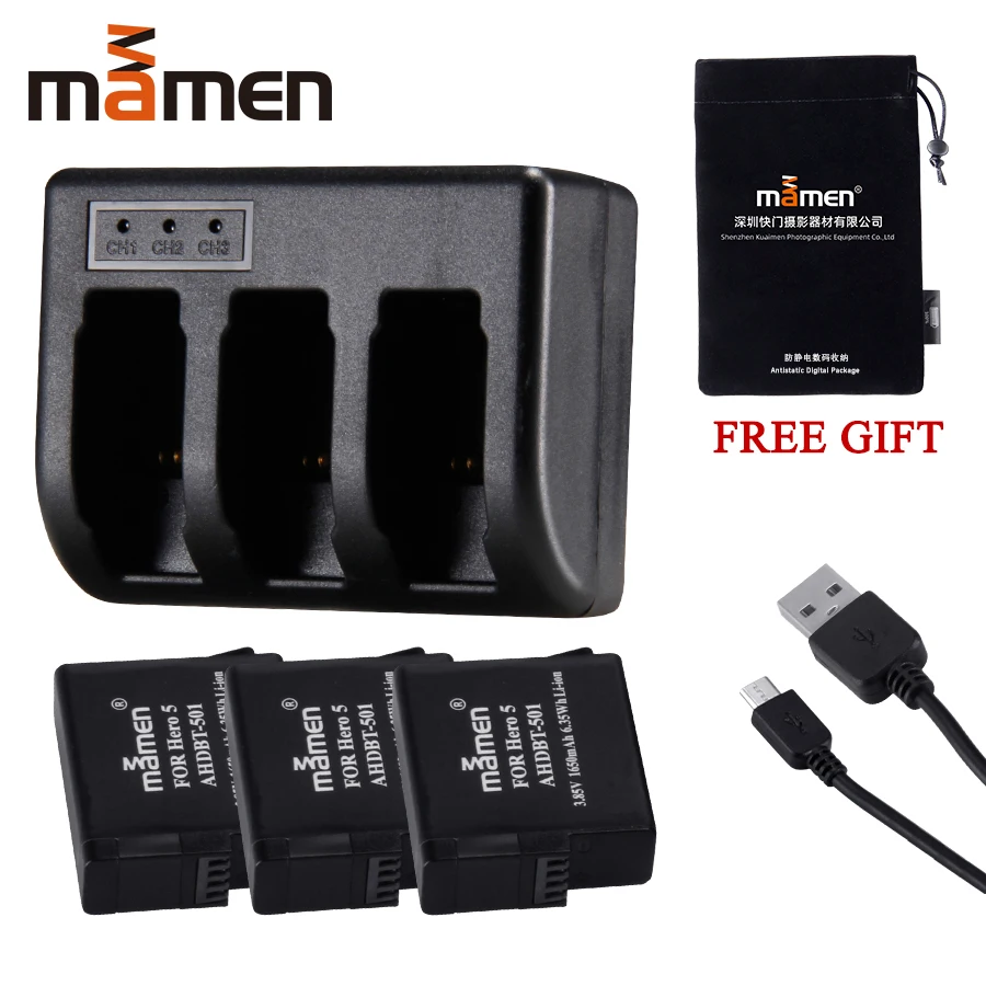 Mamen 1650mAh AHDBT-501 Аккумулятор для цифровой камеры Gopro 501+ USB зарядное устройство для Gopro Hero 5 6 7 батарея для спортивной экшн-камеры