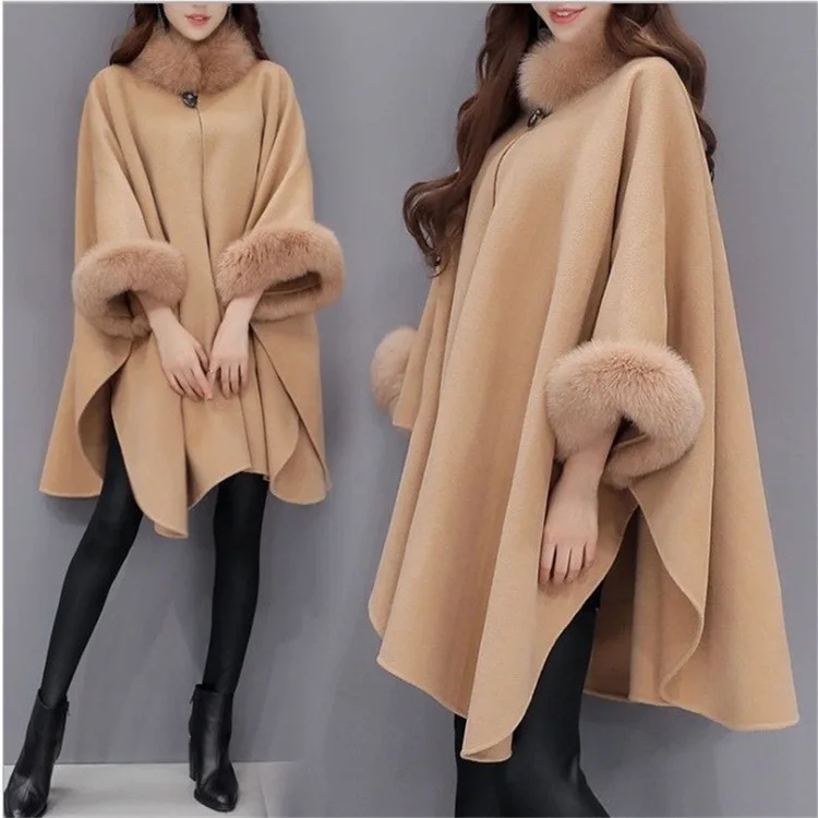 

Winter clothes new Korean version of the fox fur collar mid-length woolen woolen coat temperament cloak shawl coat women