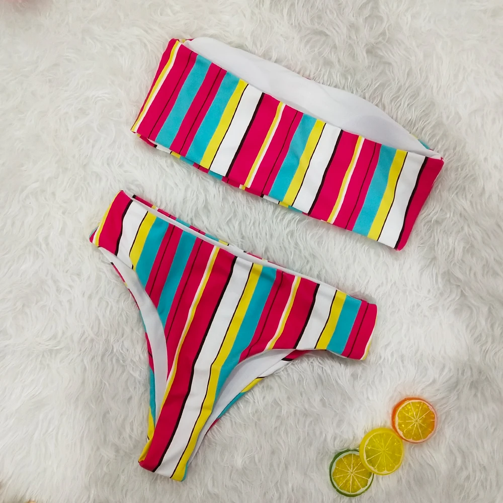 2019 Sexy Colorfu Rainbow Striped Floral Bandeau  High Waist Swimsuit Swimwear Women Bikini Biquini Swim Beach Wear Female Cut