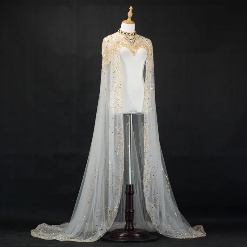 

Mingli Tengda Luxurious Hand Beaded Shiny Shawl Cloak Bride Blingbling Hooded Bridal Cape Wedding Coat Bolero Women Shrug Jacket