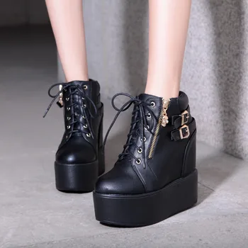 

YMECHIC Thick Sole Heel Punk Creeper Combat Ankle Boots for Women Buckle Cross Tie Gothic Platform White Black Shoes Winter 2019