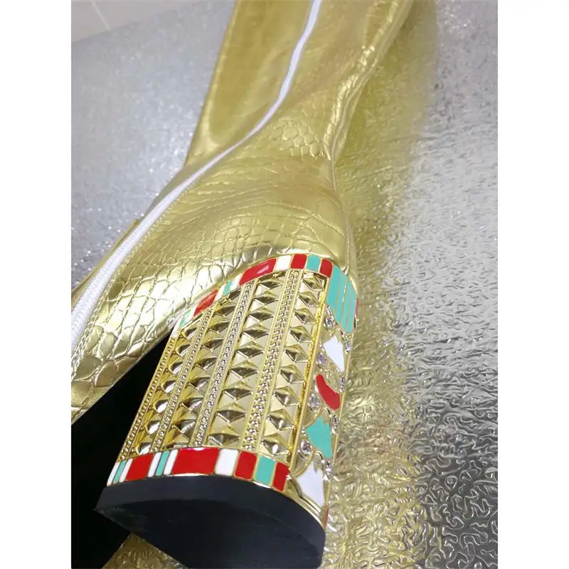Scarpe donna/Женская обувь зимние высокие сапоги женская обувь без шнуровки на каблуке 9 см с золотыми кристаллами женские ботинки Largas Dama