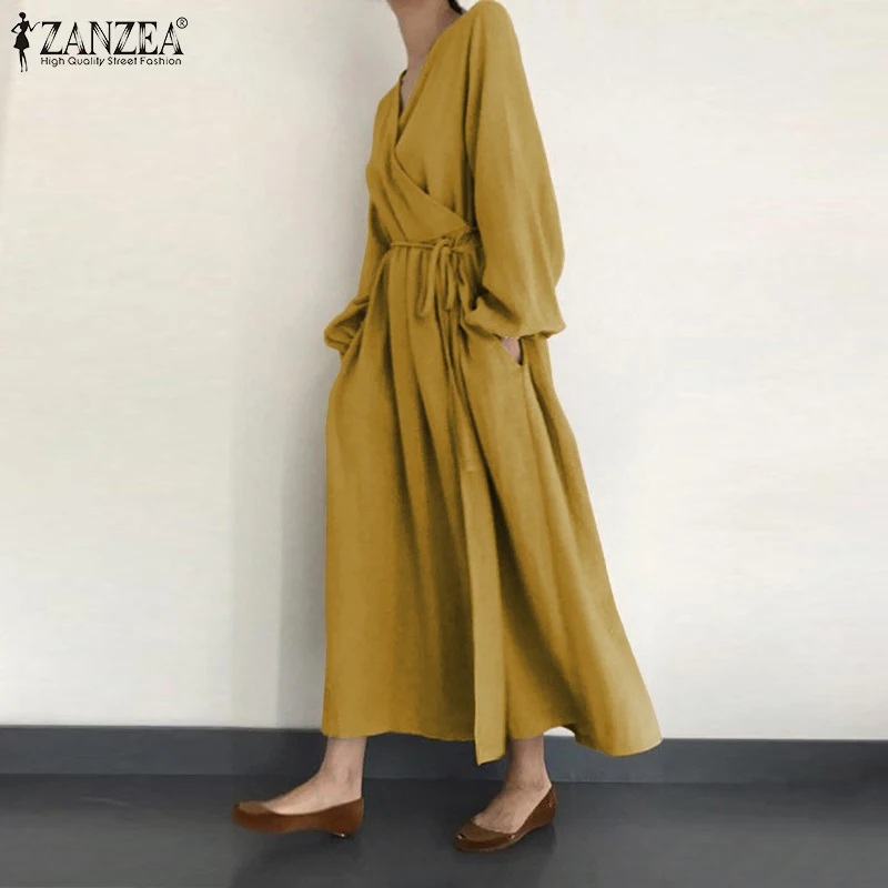 Кафтан фонарь рукав сарафан ZANZEA женское льняное осеннее платье макси повседневное цельное Vestidos женское с v-образным вырезом длинный халат большого размера