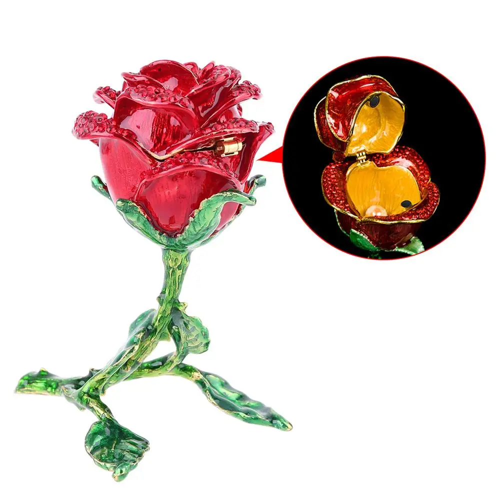 Цветок розы Статуэтка с горным хрусталем орнамент-ювелирные изделия шарнирная коробка(красный
