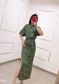 

New 2020 summer Women sexy pencil dress geometric print ruched waist batwing sleeve side slit plus size dresses