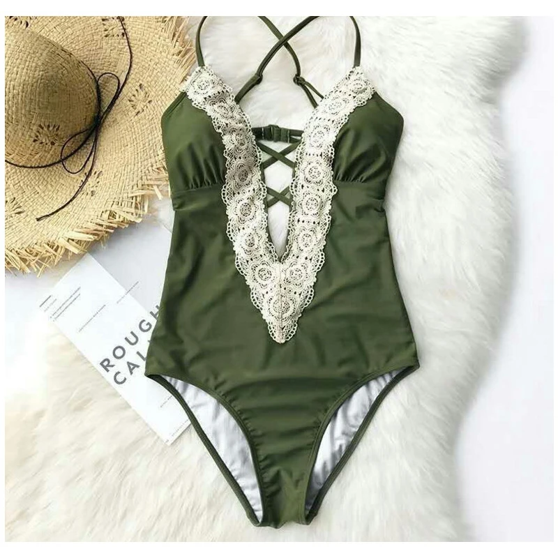 

HXBY One Piece Swimwear Women Large Size Deep V Neck Lace Sexy Swimsuit Monokini Push Up Bathing Suit Women Mayo Badpak Dames XL