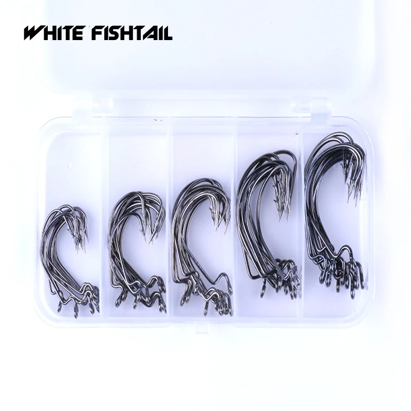 

WHITE FISHTAIL 50pcs Boxed Crank Fishing Hooks Set Carbon Steel Offset Fish Bass Barbed Carp Fishing Barb Soft Worm Lure