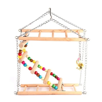 

Parrots Toys Bird Swing Exercise Climbing Hanging Ladder Bridge Wooden Rainbow Pet Hammock Bird Toy with Bells Large