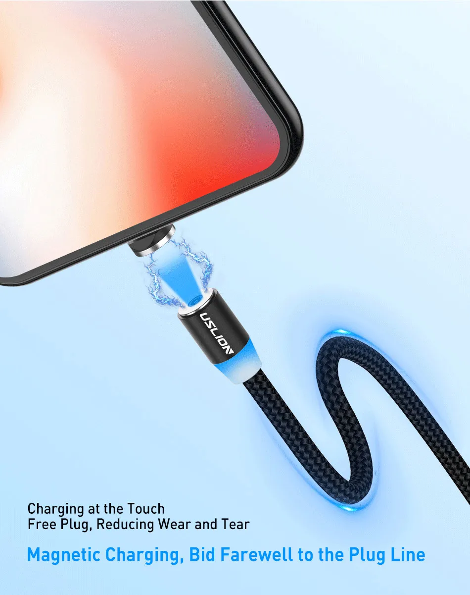 USLION 2 м 3 м светодиодный магнитный кабель Micro usb type C зарядное устройство для iPhone 11 Pro XS Max usb зарядный кабель для huawei samsung Xiaomi