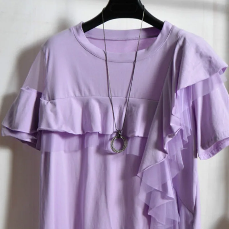 Neploe, женские футболки с неровными оборками, летние,, повседневные, с круглым вырезом, с коротким рукавом, из кусков, футболки, свободные, корейские, женские топы 43847 - Цвет: lavender