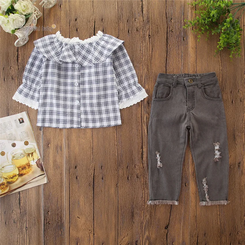 Г., осенний газовый костюм для девочек Милая клетчатая блузка принцессы с длинными рукавами+ джинсы с дырками весенний подарок на день рождения 19J411