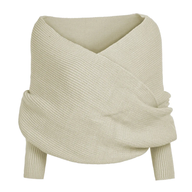 Модный женский вязаный пончо шарф с рукавом обертывание зимний теплый однотонный платок накидка-шарф hh88 - Цвет: Бежевый