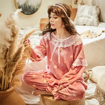 

Autumn Fashion Women Lace Princess Pajamas Two-piece Long Sleeve Bow Ruffle Print Loose Sweet Cute Thicken Casual Home Sleepwear