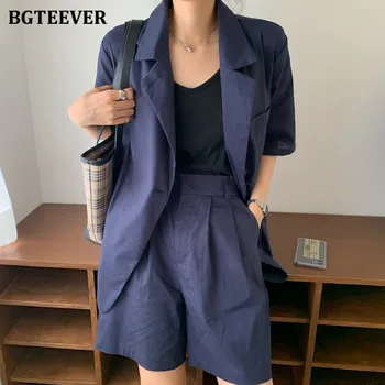 

BGTEEVER Casual Cotton & Linen Women Pant Suits 2 Pieces Set Double Buttons Short Sleeve Blazer & High Waist Loose Shorts 2020
