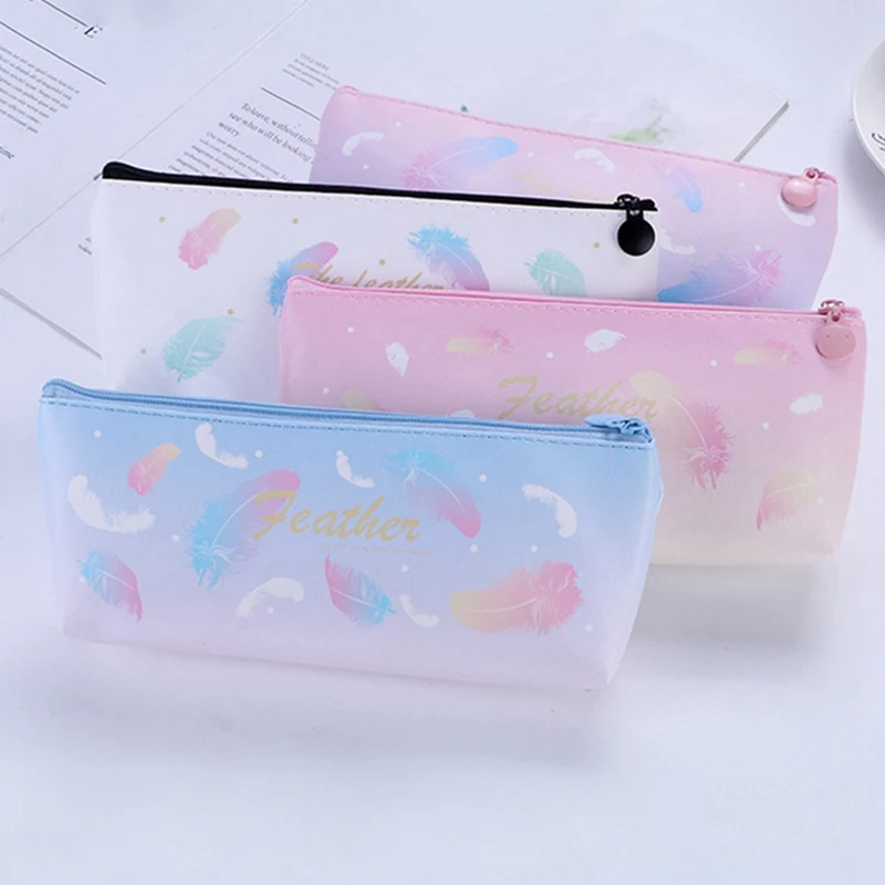 

Large Capacity PU Leather Pencil Case Bag Cute Feather Pattern Waterproof Pen Storage Bags School Supplies