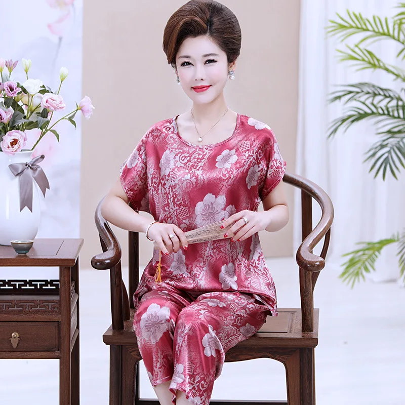 

Pullover Middle-aged Pajamas Women's Summer Thin Section Silk Short Sleeve Viscose Two-Piece Set Summer Home Wear Large Size