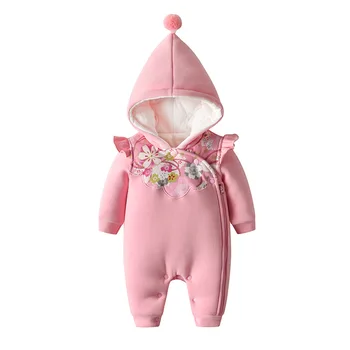 

Baby Girl Hooded Romper Fleece Liner Newborn Winter Sleepwear Bag Infant Thick Cotton Embroidery Jumpsuit Baby New Year Clothes