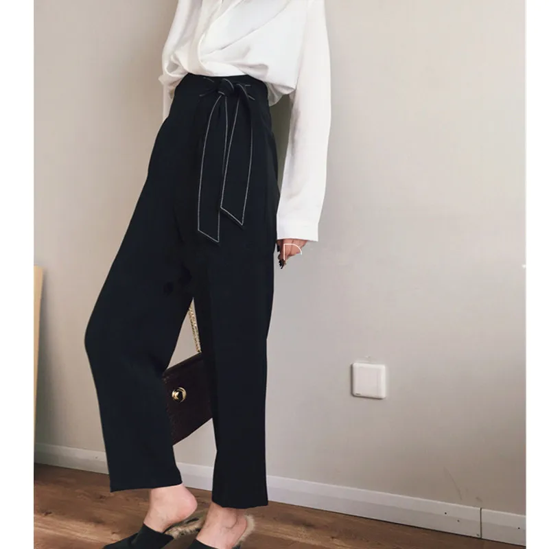 

Casual harem pants high quality women dark blue high waist loose Stylish Trousers with bow 2019 fall autumn spring new