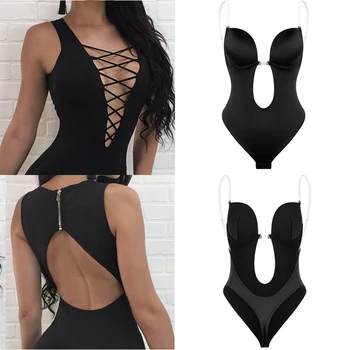 

Bodysuit Shapewear Faja Waist Trainer Shaper Body Tummy Shaper Women Deep V Clear Strap Backless Plunge Thong Push Up padded Bra