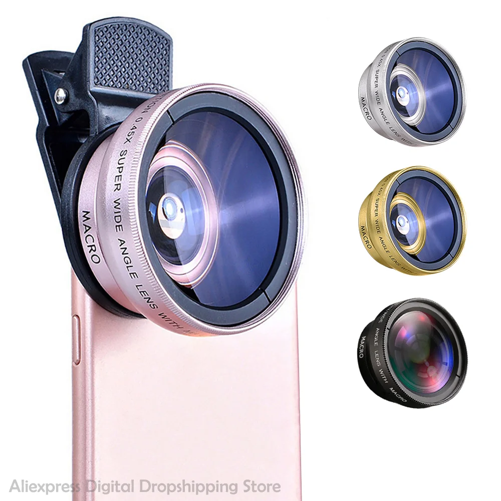 2 IN 1 Universal Mobile Phone Camera Lens Clip 37mm 0.45x 49uv Professional Super Wide-Angle + Macro HD for iPhone Android | Мобильные